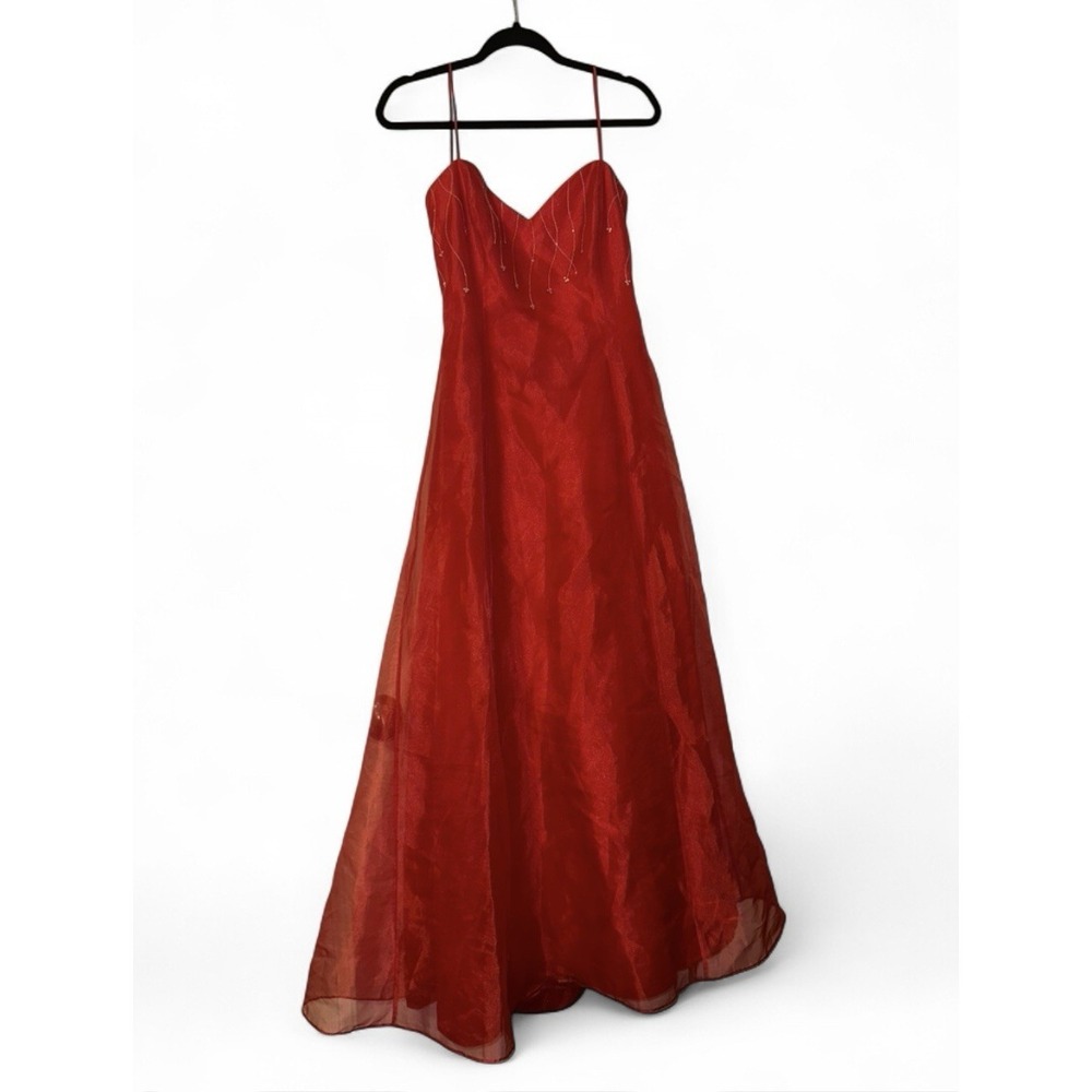 Vintage Morgan & Co. Red Beaded Satin Long‎ Prom Dress Ballgown Juniors 11/12